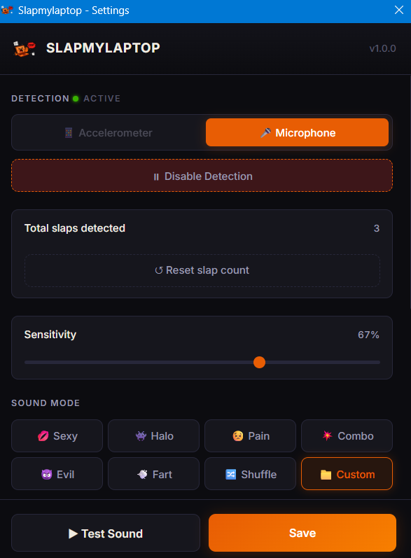 SlapMyLaptop settings window showing detection, sensitivity, and sound mode options