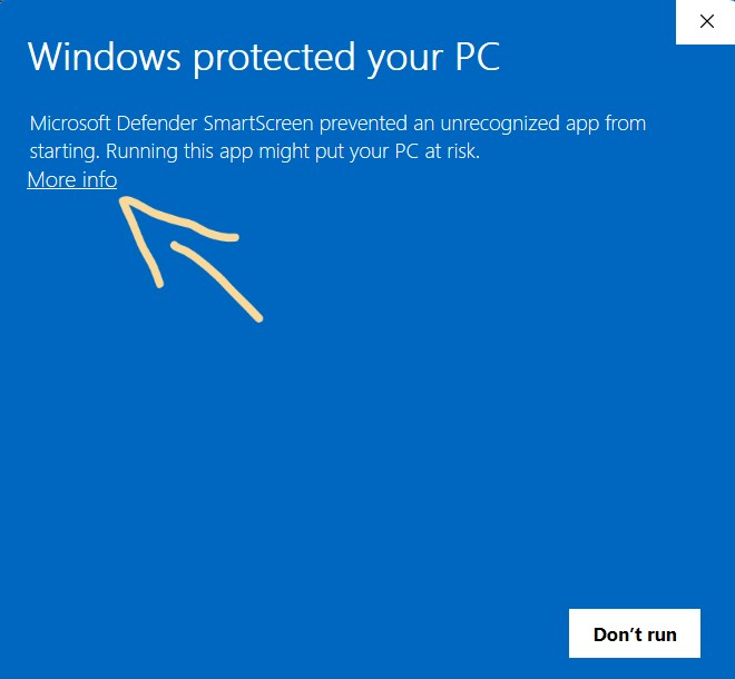 Windows SmartScreen warning — click More info