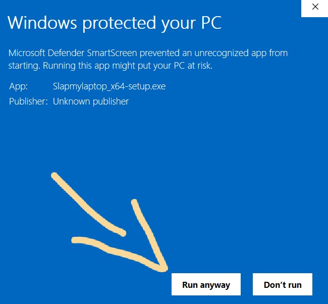 Windows SmartScreen — click Run anyway